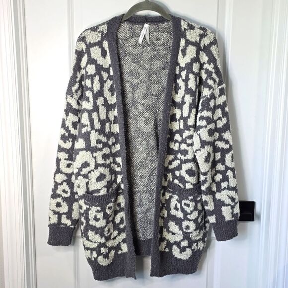 Dreamers Gray And White Open Front Floral Print Cardigan - Size Large - Picture 2 of 12